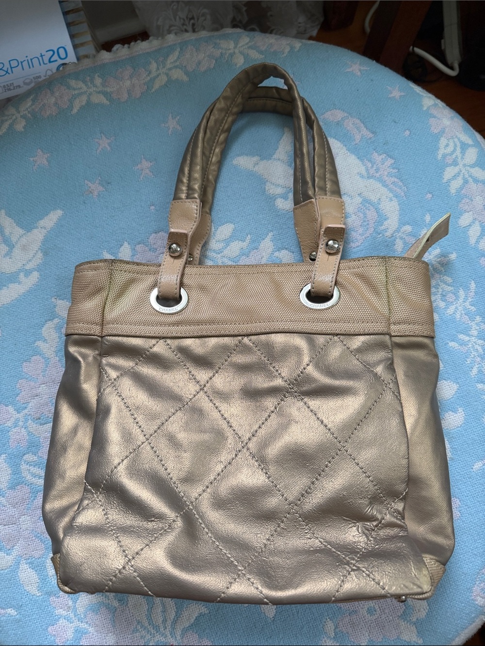 CHANEL Paris Biarritz PM Tote Bag Gold Matelasse Canvas CC - Picture 9 of 17